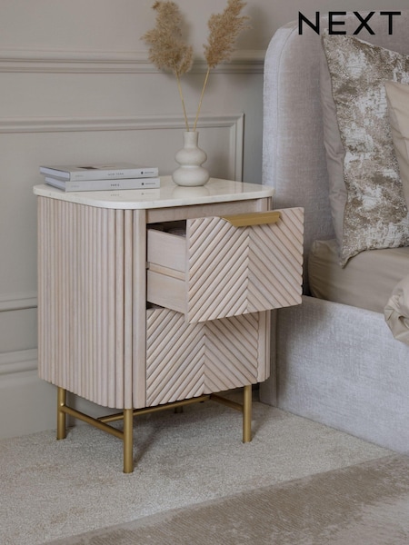 Light Grey Valencia Marble and Mango Wood 2 Drawer Bedside Table (C95703) | €430