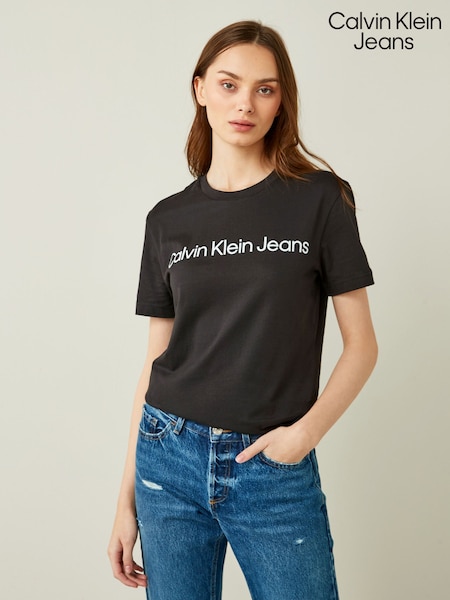 Negru - Tricou Calvin Klein Jeans Slim 100% Bumbac Institutional Negru Logo (C95735) | 182 LEI