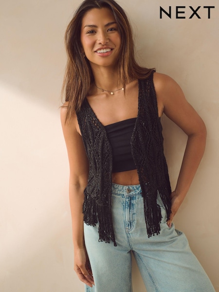 Black Sparkle Crochet Fringed Waistcoat (C96101) | €13