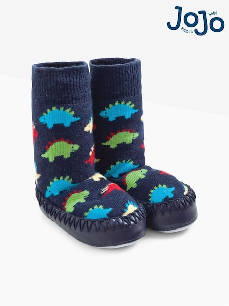JoJo Maman Bébé Dinosaur Navy Dino Moccasin Slipper Socks (C97291) | €19