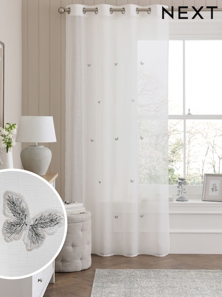 White Butterfly Embroidered Eyelet Unlined Sheer Panel Voile Curtain (C97695) | R$ 235 - R$ 315