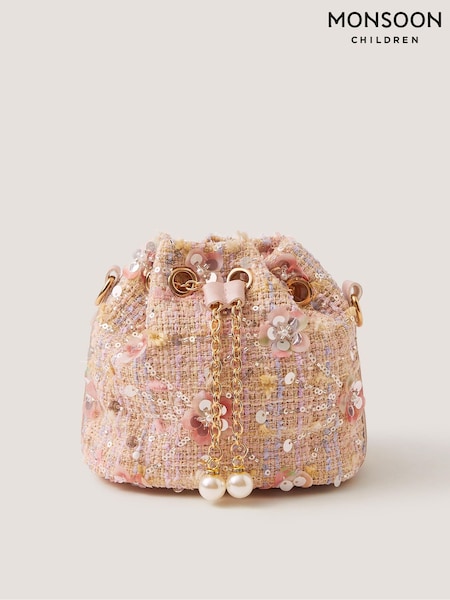 Pink - Monsoon Sequin Tweed Bucket Bag