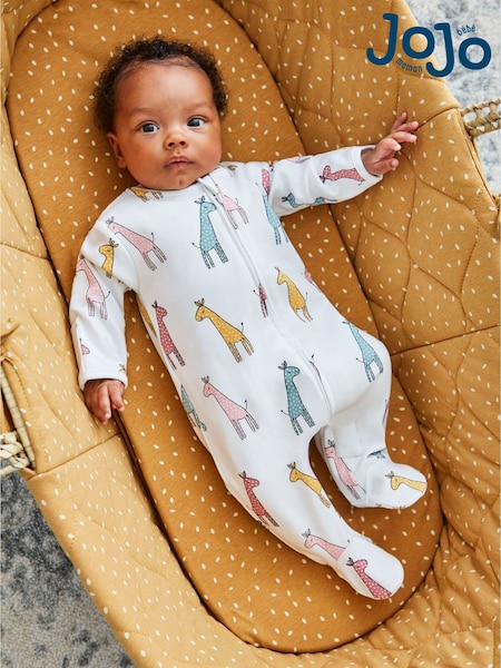 JoJo Maman Bébé Yellow Giraffe Print Zip Cotton Baby Sleepsuit (C98005) | €32