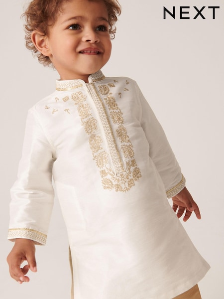 Ivory Cream/Gold Regular Length Embroidered Boys Kurta (3mths-7yrs) (C98921) | € 10 - € 13