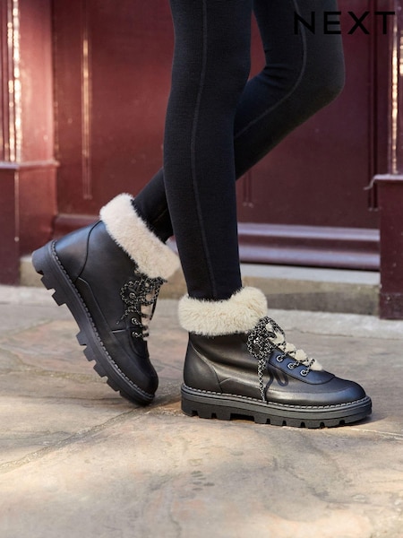 Black Regular/Wide Fit Forever Comfort® Faux Fur Lace Up Chunky Boots (C99088) | €26.50