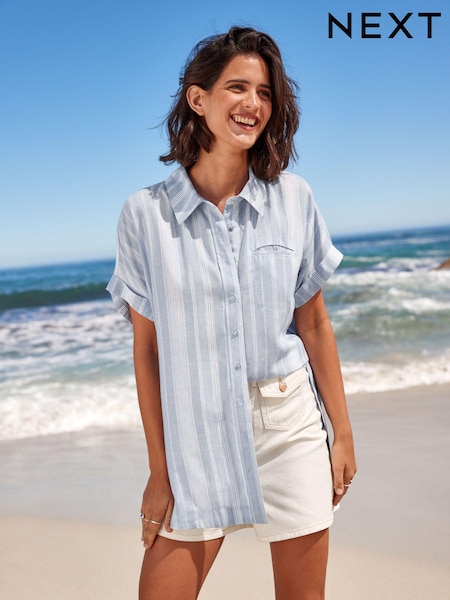 modra/White črtast; progast - Short Sleeve Shirt With Linen (C99314) | € 13