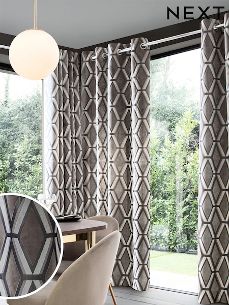 Grey Collection Luxe Heavyweight Geometric Cut Velvet Blackout/Thermal Eyelet Curtains (C99781) | €126 - €245