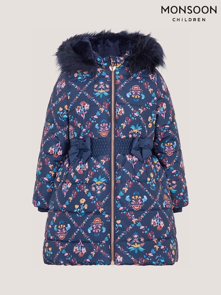 Blau - Monsoon Floral Print Bow Puffer Coat