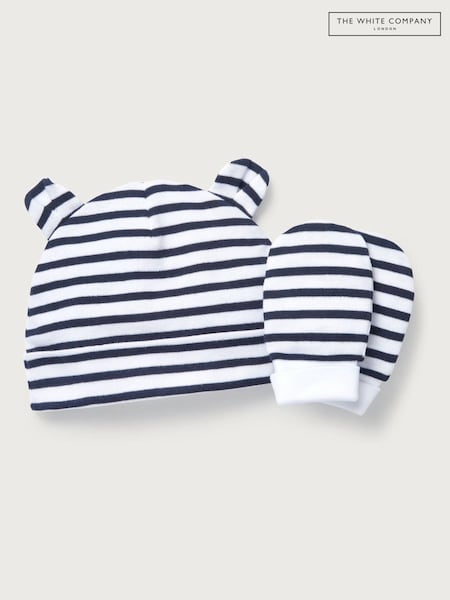 Albastru - Set din bumbac organic Dungă căciuliță și mănuașă The White Company din bumbac organic (D01478) | 74 LEI
