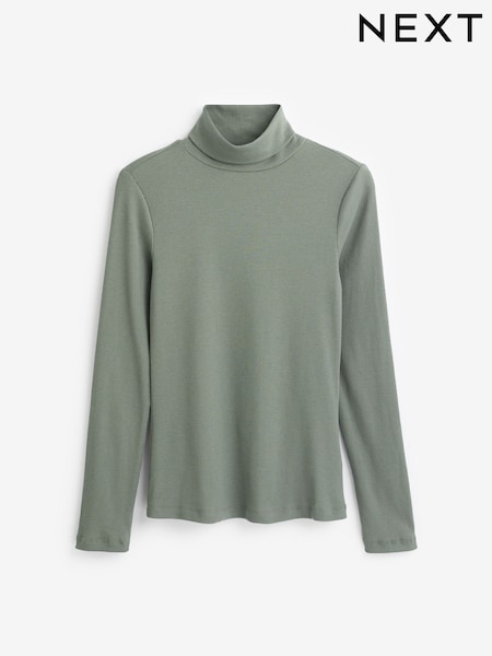 Khaki Green Long Sleeve Ribbed Roll Neck Top (D02332) | CA$30