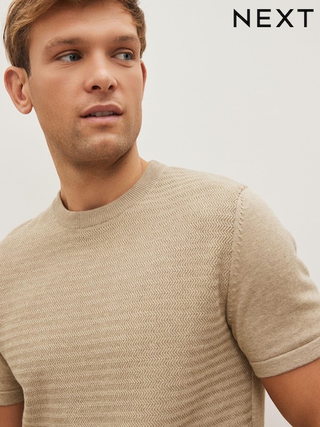 Neutral Short Sleeve Texture Knit Crew T-Shirt (D03017) | €6