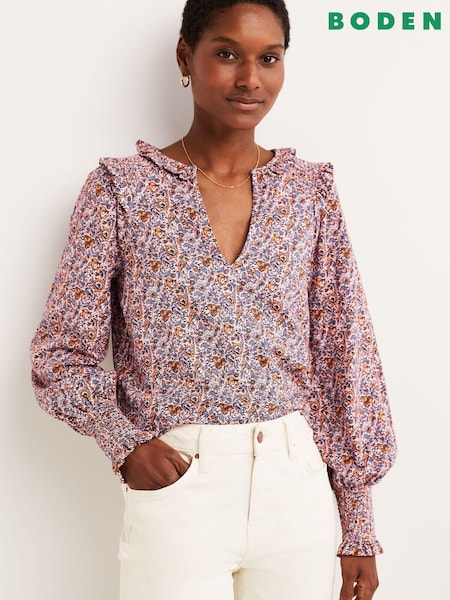 Boden Pink Notch Neck Smocked Frill Top (D03490) | €34