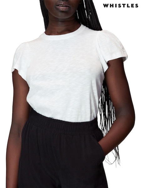 Whistles White 100% Cotton Frill Sleeve T-Shirt (D03909) | €56