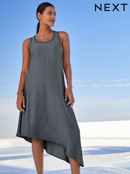 Grey Slate Asymmetric Shine Scoop Neck Summer Dress (D04896) | €17