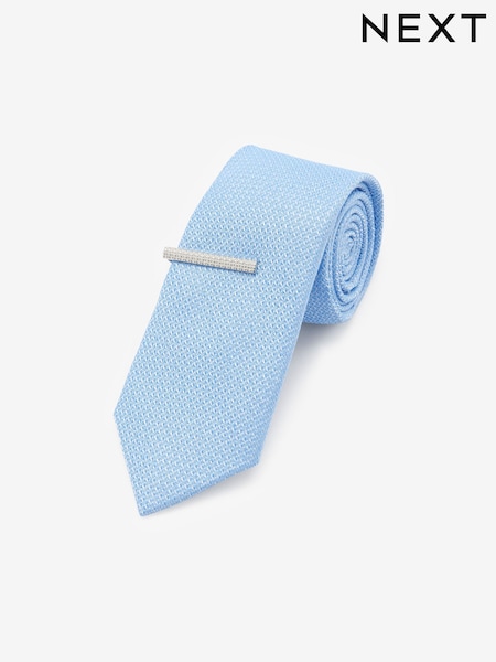 Light Blue Slim Textured Tie And Clip Set (D07236) | 41 QAR