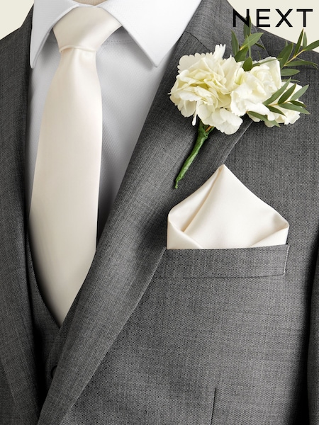 Ivory Cream Slim Silk Tie And Pocket Square Set (D07433) | €14