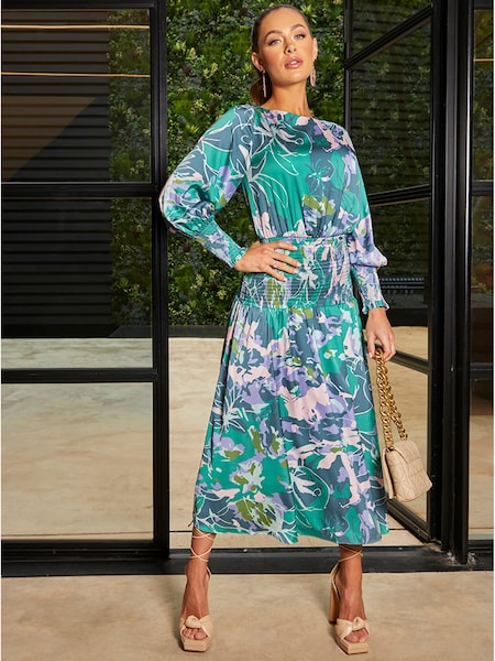 Chi Chi London Green Long Sleeve Floral Abstract Midi Dress (D07871) | €56