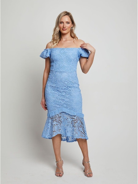 Chi Chi London Blue Bardot Premium Lace Peplum Midi Dress (D07885) | €52