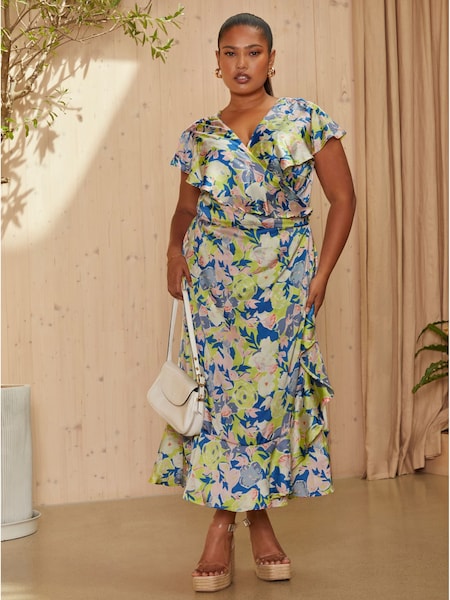 Chi Chi London Blue Curve V-Neck Floral Wrap Midi Dress (D07950) | AED218