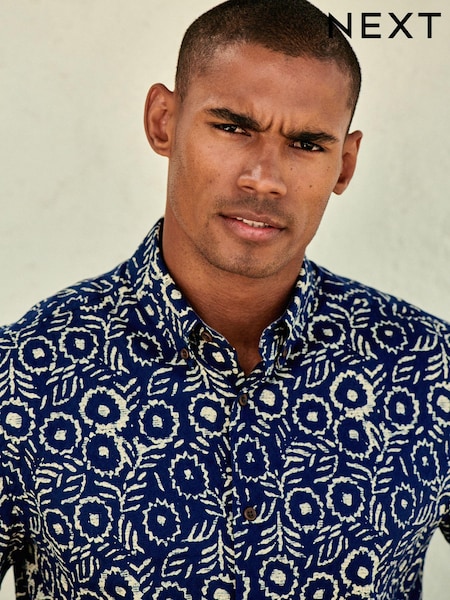 Navy Blue Geo Printed Short Sleeve 100% Cotton Oxford Shirt (D08086) | AED65