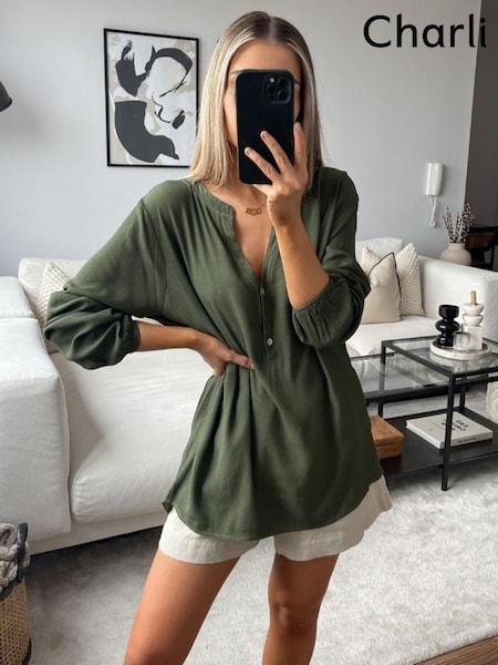 Charli Olive Green Crepe Henley Top (D08676) | €34