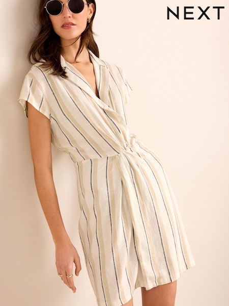 Striped Twist Front Linen Blend Mini Summer Dress (D08979) | €16