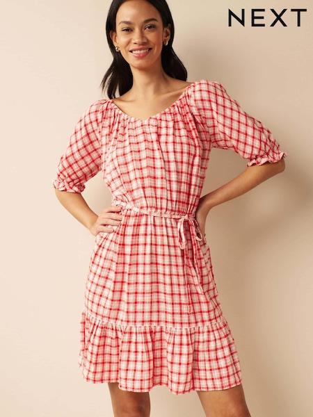 Red/White Check Puff Sleeve Linen Mix Mini Dress (D08981) | €7