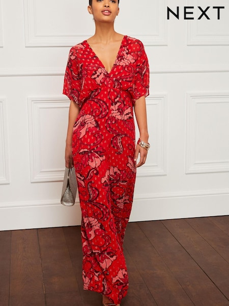 Red Floral Sparkle Batwing Wide Leg Jumpsuit (D08989) | €38