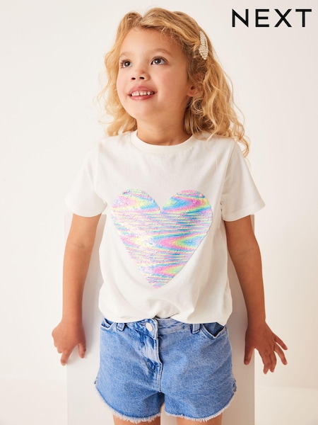 Ecru White Heart Short Sleeve Sequin T-Shirt (3-16yrs) (D09229) | €7 - €11