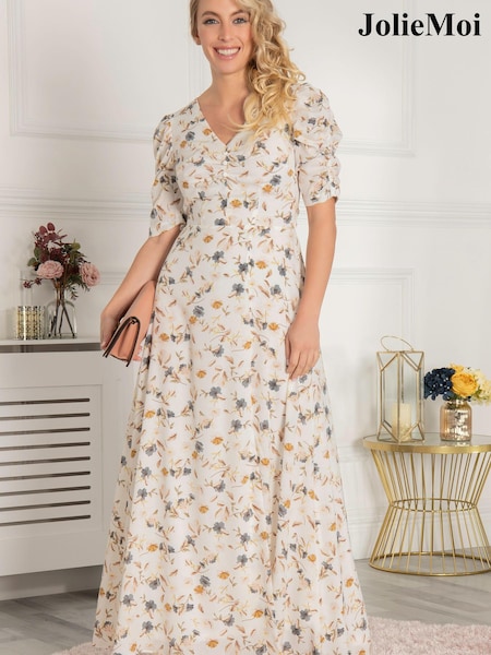 Jolie Moi Cream Puff Sleeve Open Back Maxi Dress (D09348) | €31