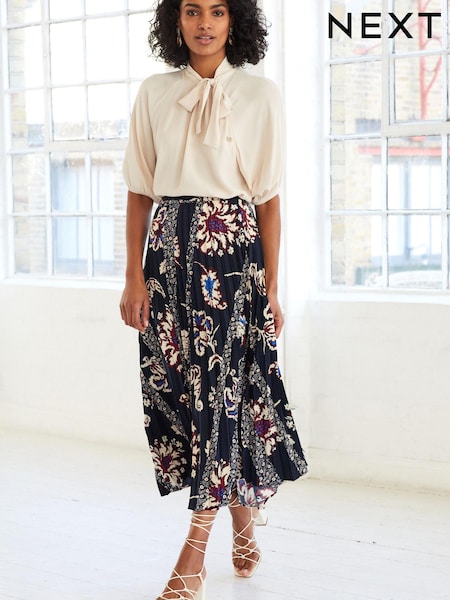 Navy Floral Print Pleated Midi Skirt (D09625) | € 24