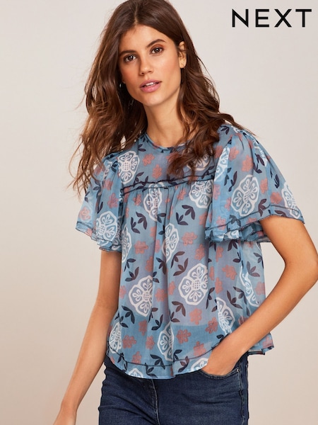 Light Blue/Cream Print Flutter Short Sleeve Top (D09651) | € 14