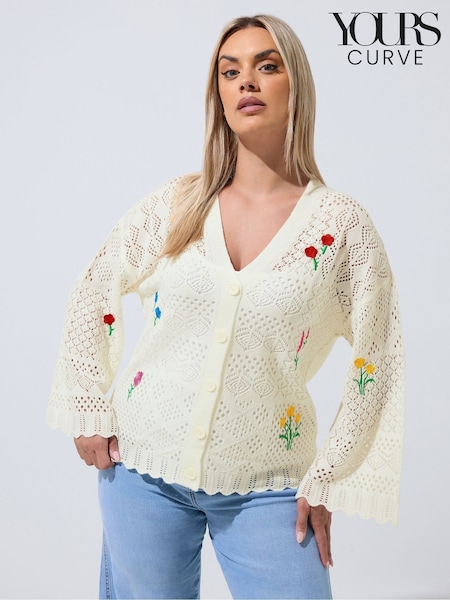White - Yours Curve Limited Long Sleeve Crochet Embroidered Cardigan