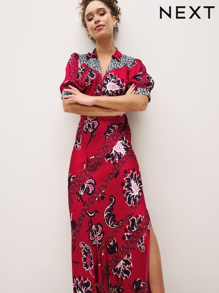 Red/Navy Blue Patch Print Split Hem Puff Sleeve V-Neck Maxi Dress (D09705) | €24