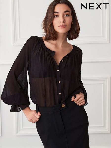 Black Sheer Long Sleeve Blouse with Hardware Buttons (D09818) | €26