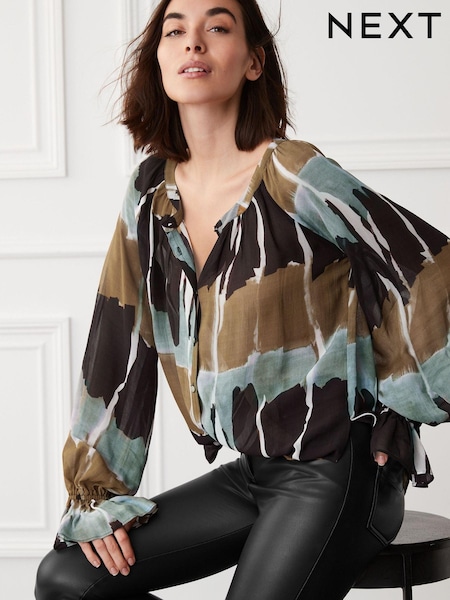 Темно-синий с принтом тай-дай - Sheer Long Sleeve Blouse with Hardware Buttons (D09820) | €18