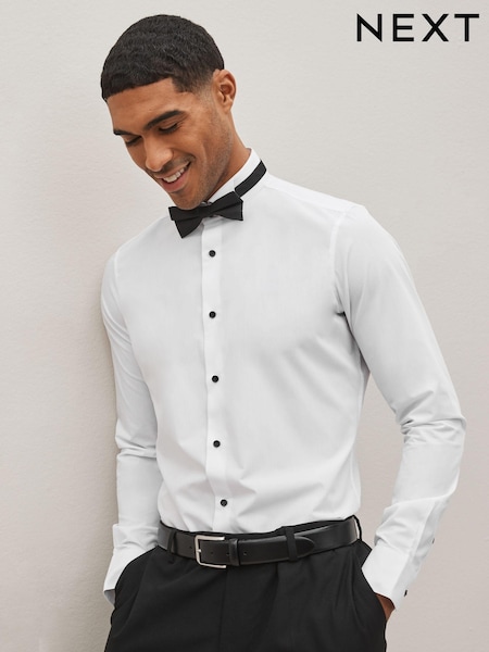 White Skinny Fit Single Cuff Dress Shirt and Bow Tie Set (D09823) | 39 zł