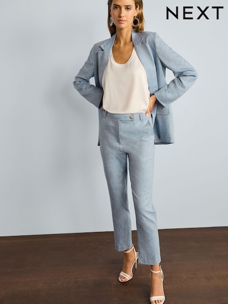 Blue Linen Blend Textured Taper Trousers (D09946) | €5