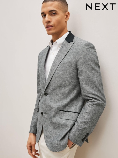 Blue With Navy Blue Contrast Collar Linen Blend Blazer (D10004) | €16
