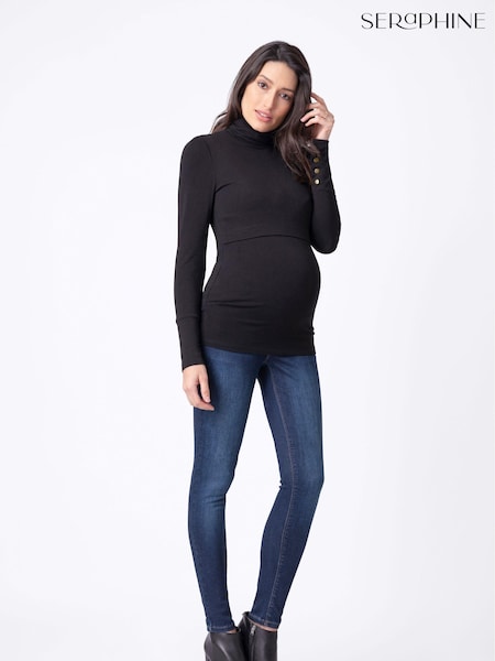 Seraphine Maternity Roll Neck Black Jumper With Button Detail (D10133) | 203 LEI