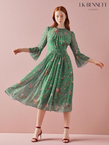 LK Bennett Amanda Green Camelia Print Georgett Midi Dress (D11970) | € 188