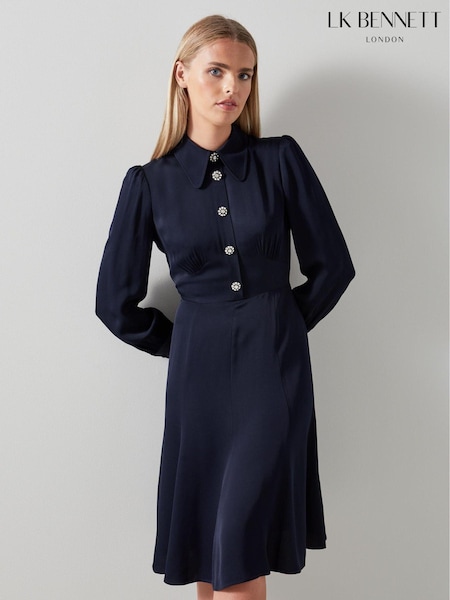 LK Bennett Blue Mira Crepe Long Sleeve Tea Dress (D11974) | €420
