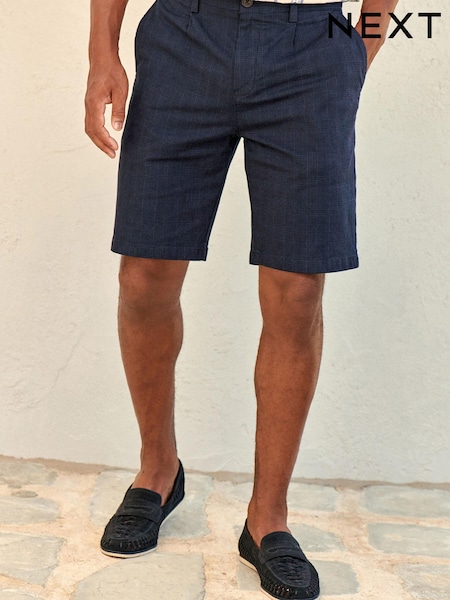 Navy Blue Check Straight Pleat Chino Shorts (D12641) | € 3
