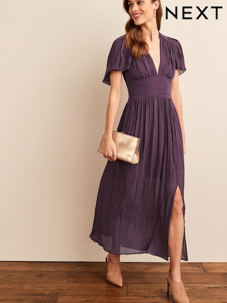 Пурпурный - Pleated Short Sleeves Midi Dress (D12873) | €35