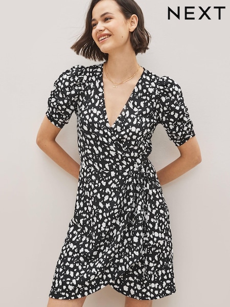 Black/White Spot Short Sleeve V-Neck Wrap Mini Dress (D14229) | €18