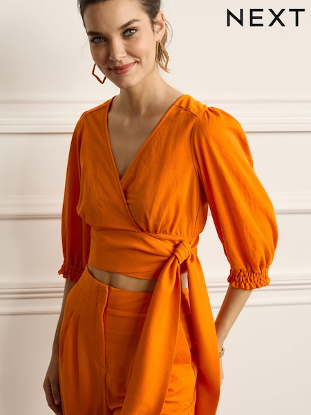 Orange - Haut cache-cœur Manche courte à col en V et coordonné (D14326) | € 11