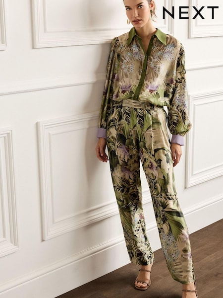 Khaki Green Palm Leaf Print Slim Tapered Trousers (D15861) | €19