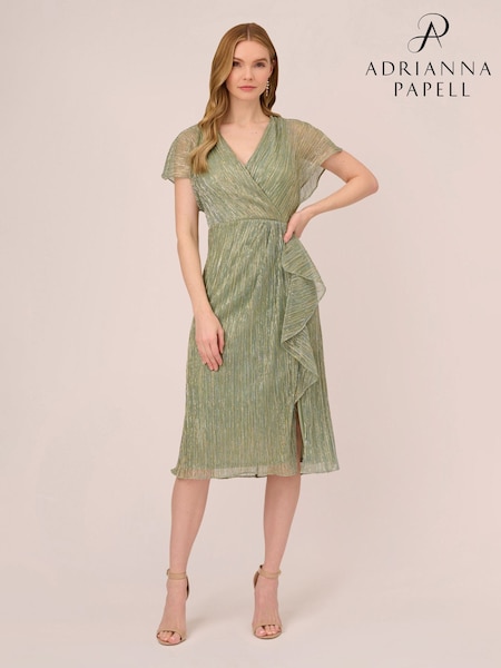 Adrianna Papell Green Metallic Crinkle Midi Dress (D16348) | €282