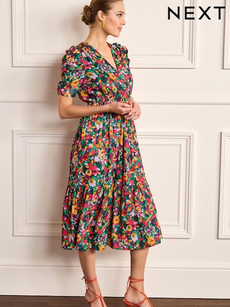 Multi Ditsy Spot Ruched Sleeve Satin Midi Dress (D16588) | €21