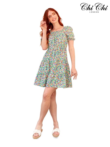 Chi Chi London Green One Shoulder Floral Asymmetric Hem Midi Dress (D16877) | €30